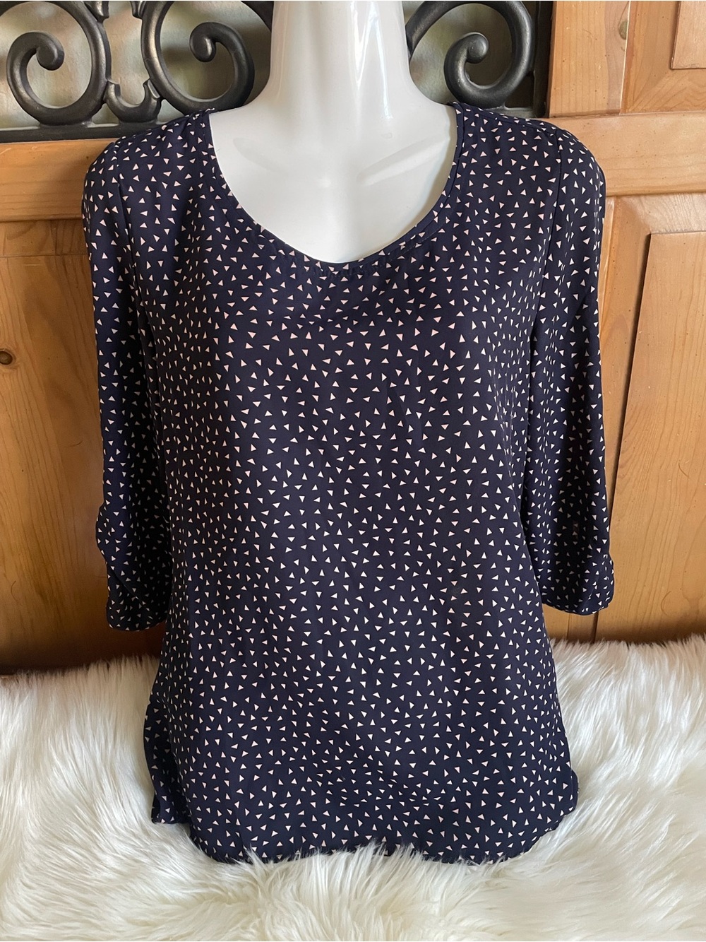 Sweet Rain Navy Blouse with Cream Triangle Print